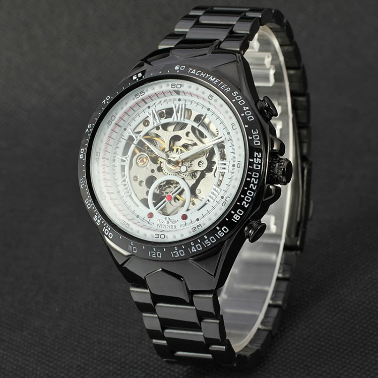 T-WINNER Hot Sell Business  Metal Dress Black Bezel Hollow Rome Dial Mechanical Watch Full Steel Band Auto Self Wind