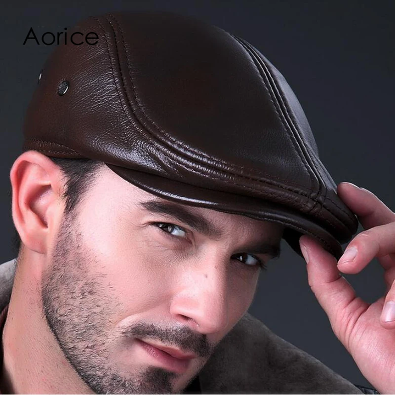 Aorice 2021 Autumn Winter News Men\'s Beret LBD BLACK Leather Style Flat Boy Cap Hat Cabbie Gatsby Hunting Golf HL042-2