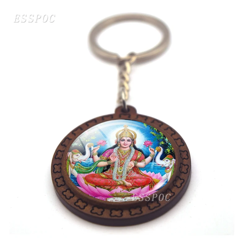 Shiva and Ganesh Glass Cabochon Wooden Keychain Wood Pendant Car Key Holder Hinduism Jewelry Fashion Accessories for Men Women