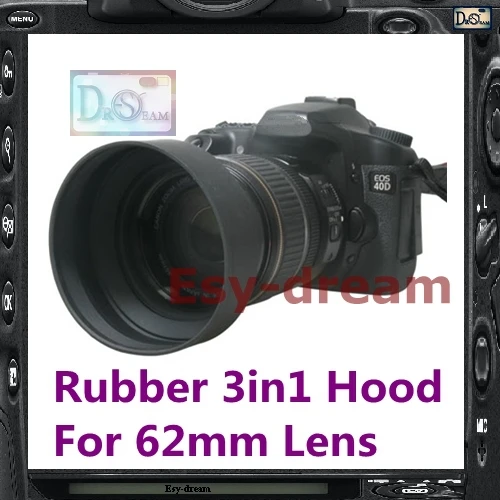 62mm 62 mm 3-in-1 3in1 3-Stage Position Rubber Lens Hood for Canon Nikon Pentax PA201