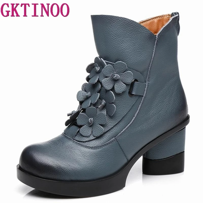 GKTINOO Autumn Winter Fashion Genuine Leather Shoes Women\'s Boots Casual Women Thick High Heels Handmade Woman Ankle Boots