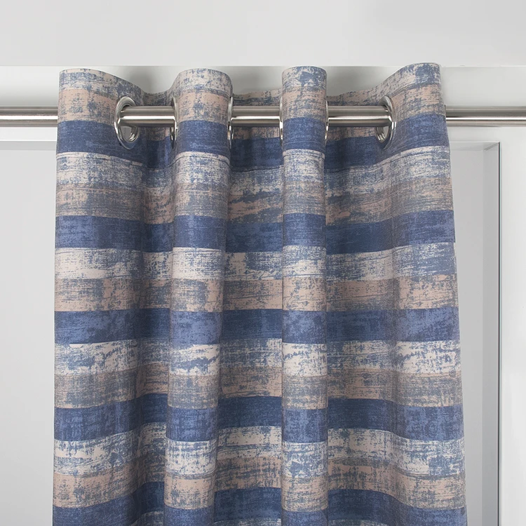 European Style New Year Printed Wooden Look Curtains Blue Stripe Pattern 100% Cotton Customizable Size for Living Room