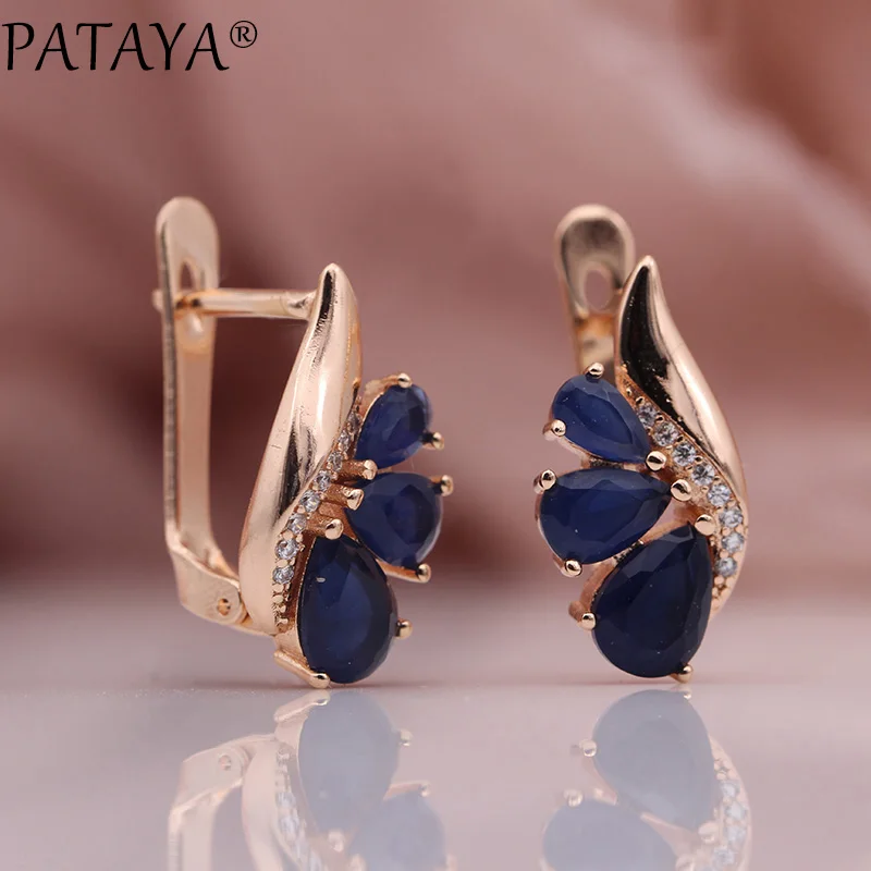 PATAYA New Three Water Drop Gradient Blue Earrings Women Natural Zircon Fine Fashion Jewelry 585 Rose Gold Color Dangle Earrings