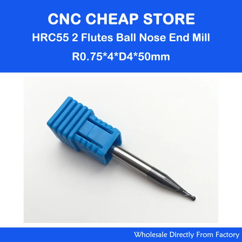 Brocas de punta de bola de dos flautas, herramientas de corte de grabado de molino de extremo de carburo, cortadores de enrutador CNC, acrílico, PVC, R0.75mm 4*1,5*50MM HRC55, 5 uds.