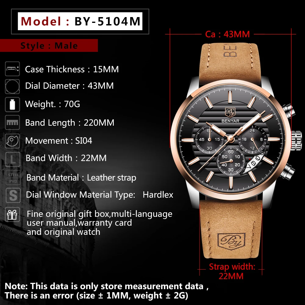 2019 BENYAR Top Brand New Casual Fashion Men Quartz Watch Luxury Military Leather Strap Chronograph Men Watch Relogio Masculino