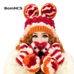 BomHCS Beanie & Gloves& Scarf Cute Big Ears Women's Winter Warm Handmade Knitted Hat Mittens Neckerchief