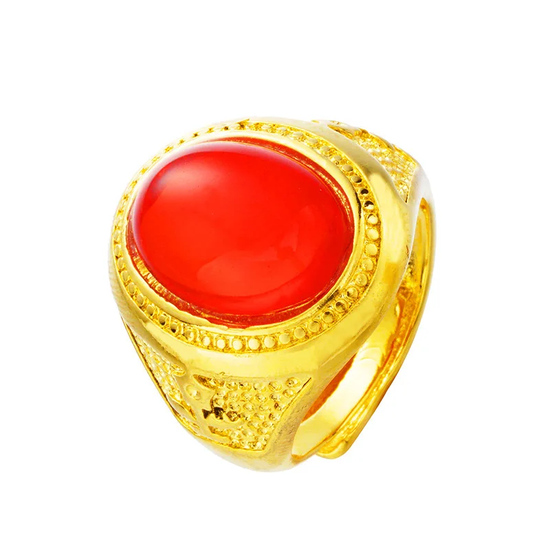 OMHXFC Wholesale European Fashion Male Party Birthday Wedding Gift Green Red Black Oval Jade Resizable 18KT Real Gold Ring RI90