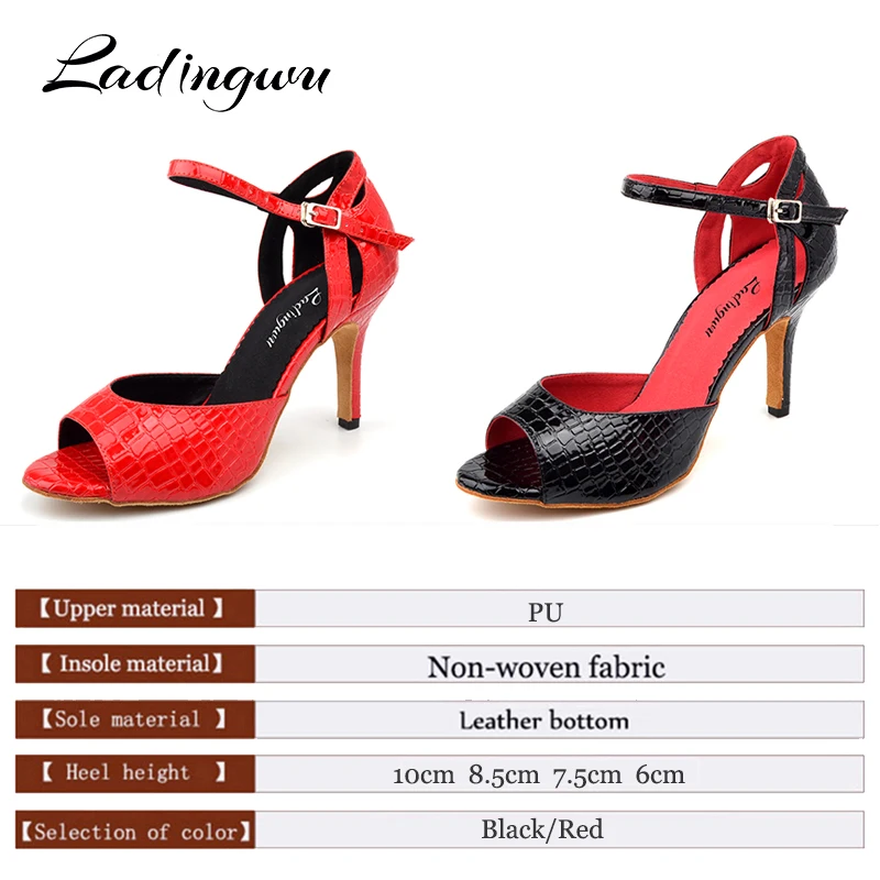 Ladingwu Latin Dance Shoes Women Snake texture PU Soft Bottom Ballroom Party Dance Shoes Red Black zapatos de baile latino mujer