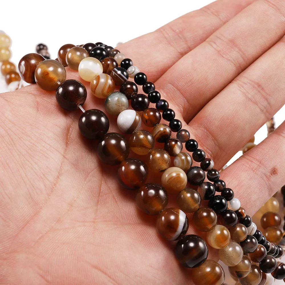 1strand/lot 4/6/8/10/12 mm Strand Natural Coffee Stripe Agates Natural Stone Round Beads DIY Bracelet Necklace Jewelry Wholesale