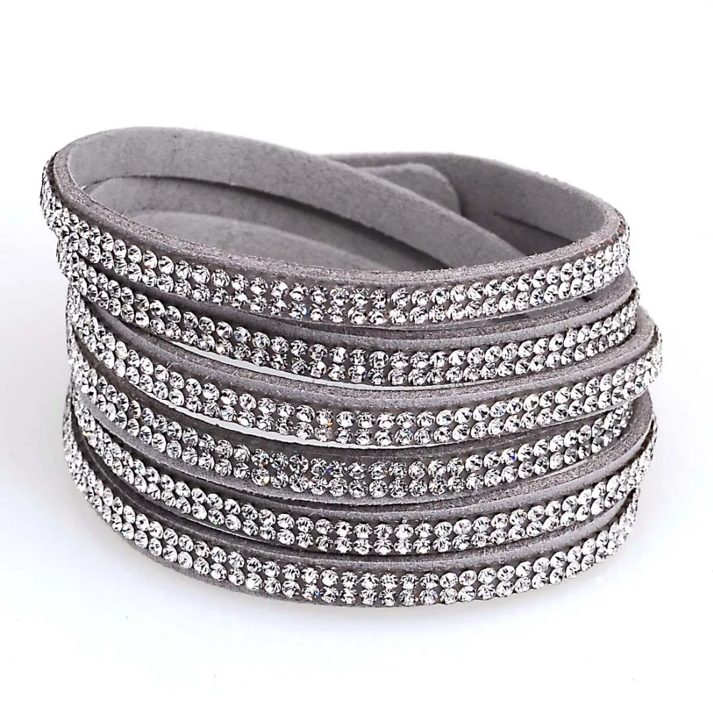 Double wrap suede leather 3 rows single color crystal bracelet double wrapped rhinestones bracelets