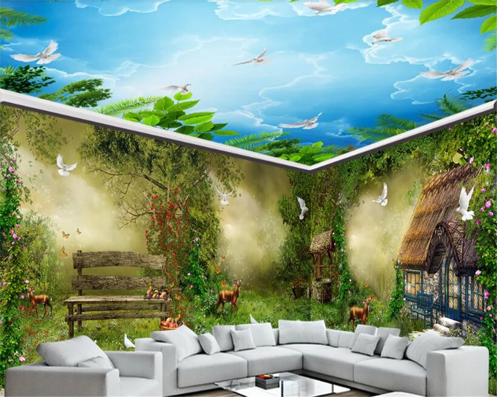 

beibehang Dream large indoor silk cloth wallpaper forest hut flower bird house background wall painting wallpaper for walls 3 d