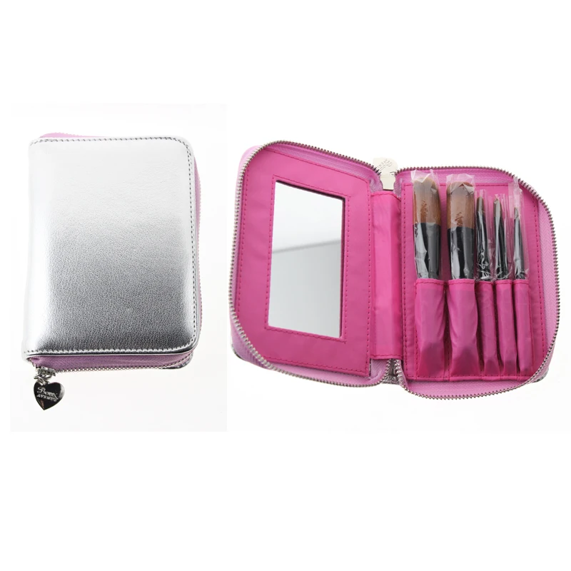 16*11.5Cm Professionele Cosmetische Make-Up Borstel Tas Met Spiegel En 5Pcs Borstels