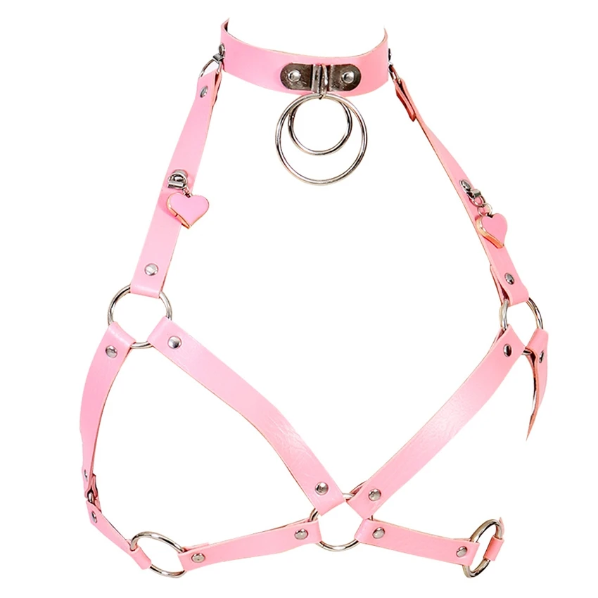 Pink Leather Harness Women Fashion Punk Goth Cupless Bra Top Harness Belt Body Bondage Chest Straps Studded Cropped Lingerie