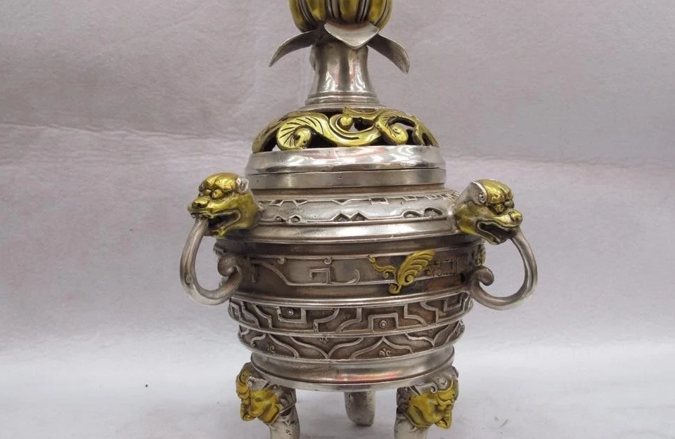 10 Temple White Copper Silver Gild Beast Ear lotus flower Censer incense burner