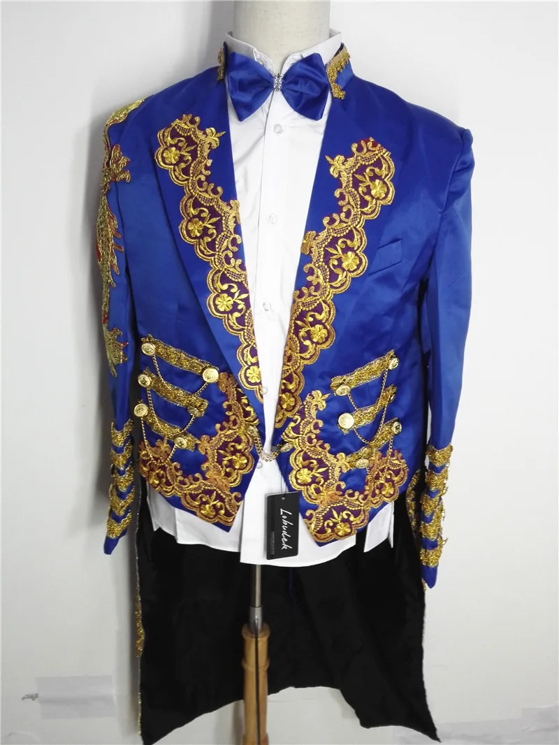 Male Magician's court Tuxedo clothing Prom Host Tailcoat Men wedding Singer stage Costumes Fashion Blue slim Tails suit jackets