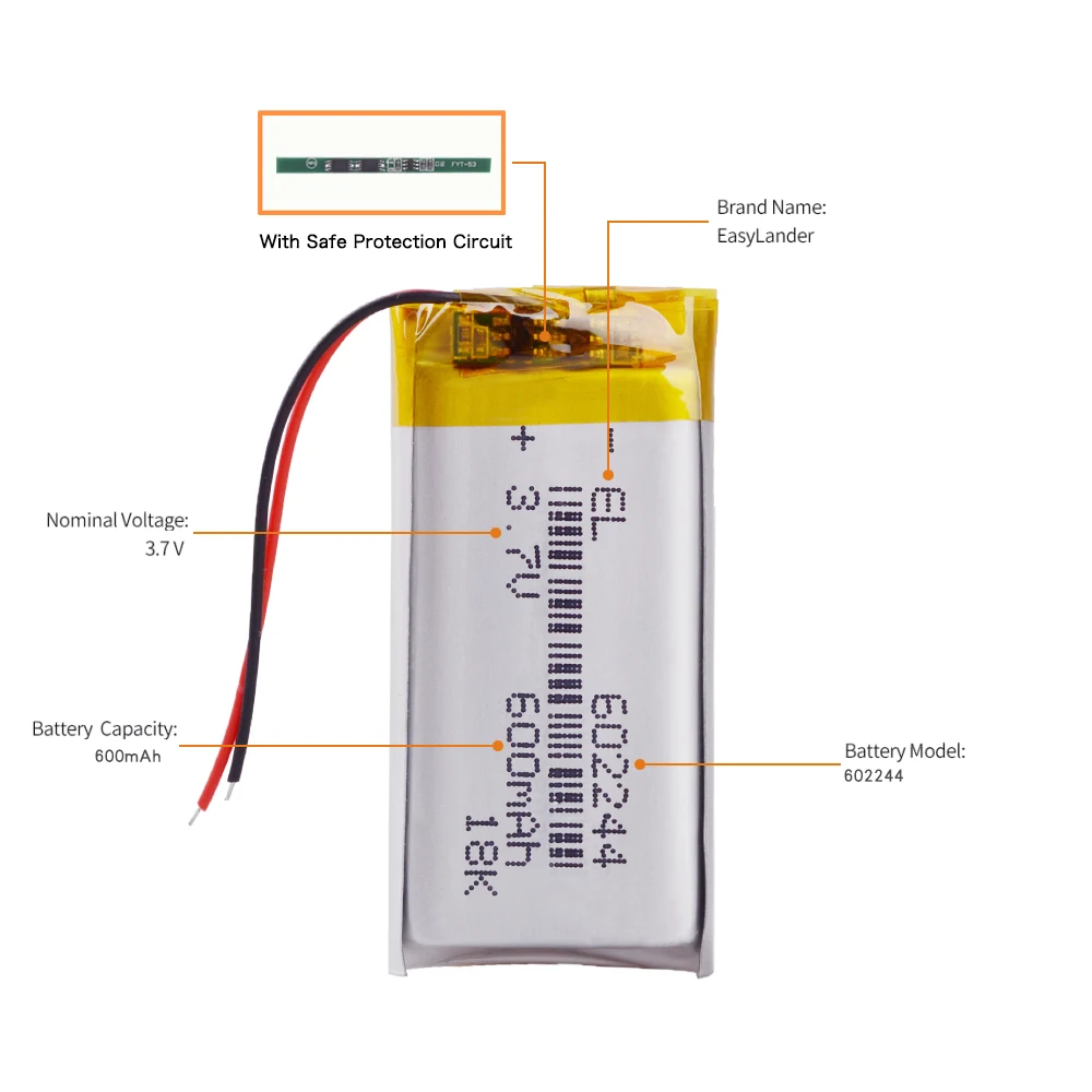 3.7V 600mAH 602244 602045 Rechargeable Lithium Li-ion Polymer Battery