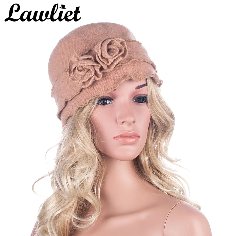 Lawliet Winter Cap Women Beret 1920s GATSBY Style Solid Two Flowers Beanie Wool Hats for Women Ladies Bucket Crochet Hat A285