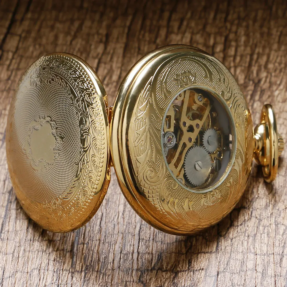 Antique Steampunk Luxury Golden Shield Design Skeleton  Dial Mechanical Hand Winding Pocket Watch For Men Women Gift With Chain