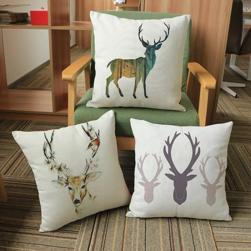 2018 New Decorative Moose Elk Deer Print Sofa Throw Pillows Fortune Throne Deer Head Car Seat Back Cushion Home Decor 45x45cm