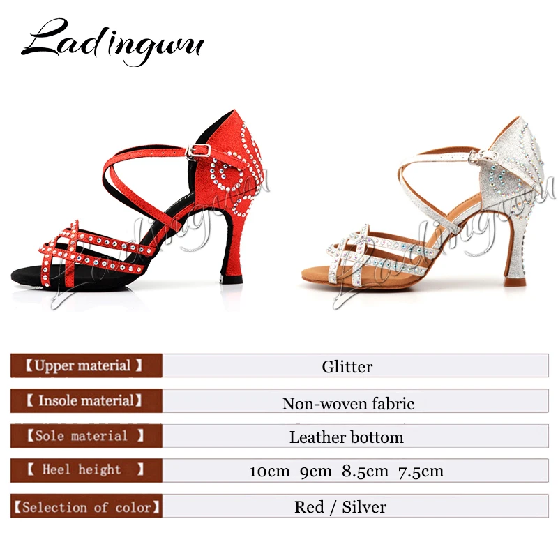 Ladingwu zapatos baile mujer latino Red Shoes Woman Latin Dance Shoes Glitter Rhinestone Salsa Ballroom Dance Shoes Heels 9cm