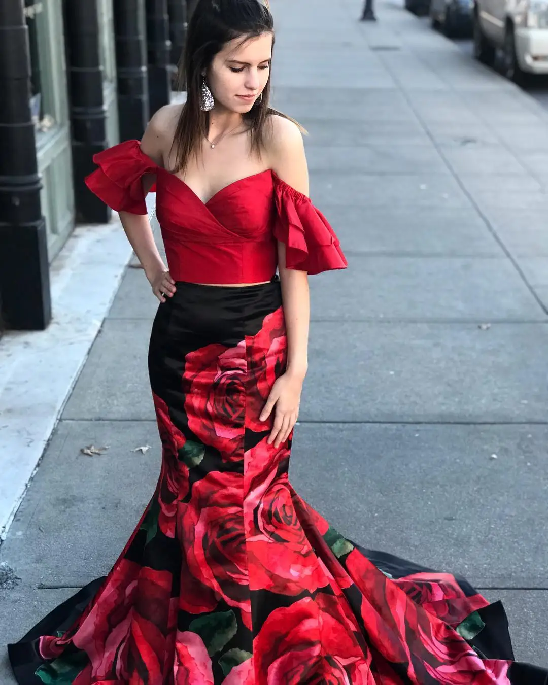 Print Floral Roses 2-Piece Prom Dresses 2k24 Mermaid Off-the-Shoulder Sweep Train Pageant Gowns Backless Red/Black