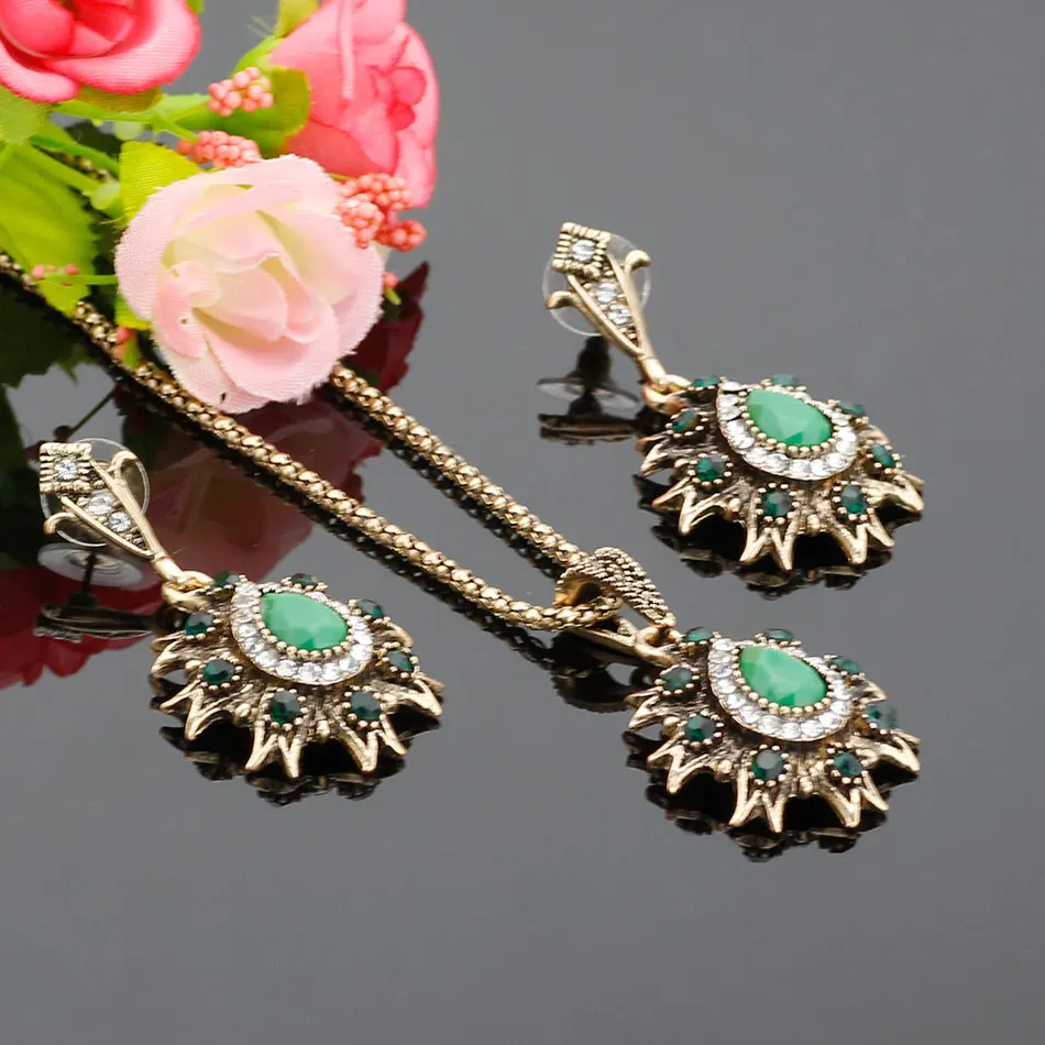 2018 India Vintage Look Jewelry Sets Pendants Necklace Drop Earring For Women Bronze Color Mosaic Red Resin Turkish Party Gifts