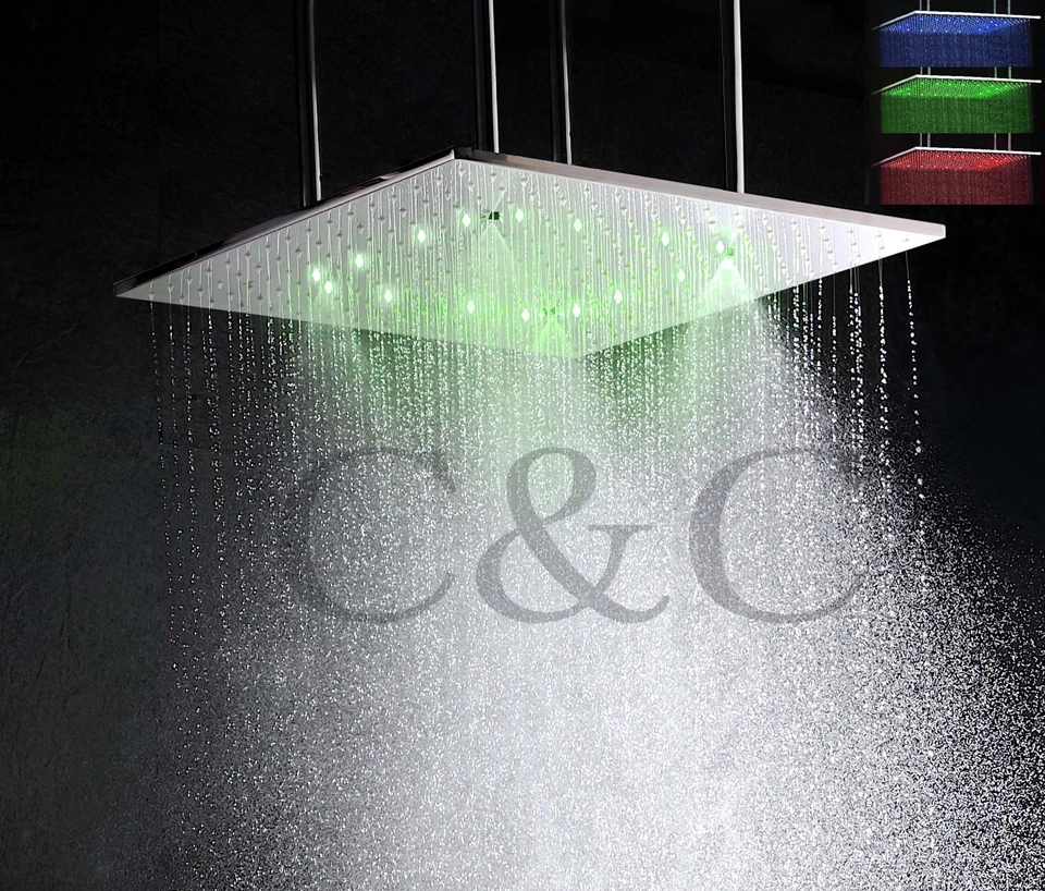 

20 Inch Ceiling Mounted Brushed Mist And Rainfall LED Temperature Sensitive 3 Colors Bathroom Shower Head With Arms L-20WL