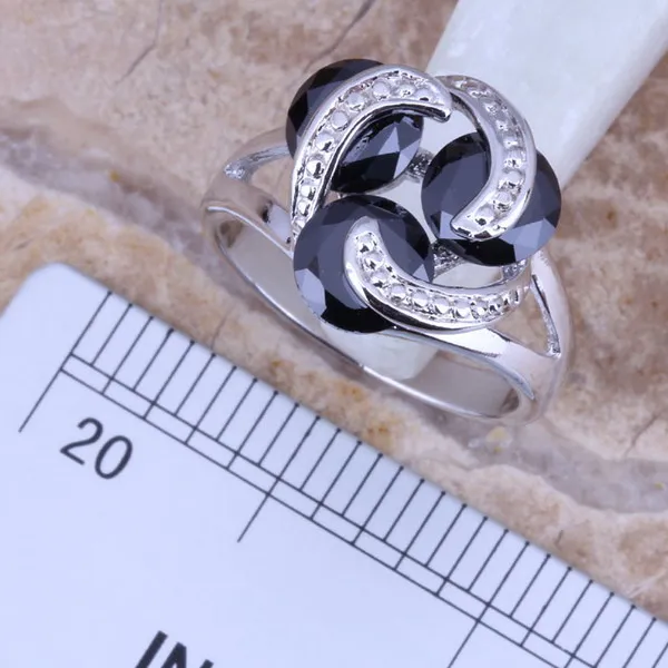 Charming Black Cubic Zirconia Silver Plated Jewelry Sets Earrings Pendant Ring Size 6 / 7 / 8 / 9 / 10 / 11 / 12 S0122