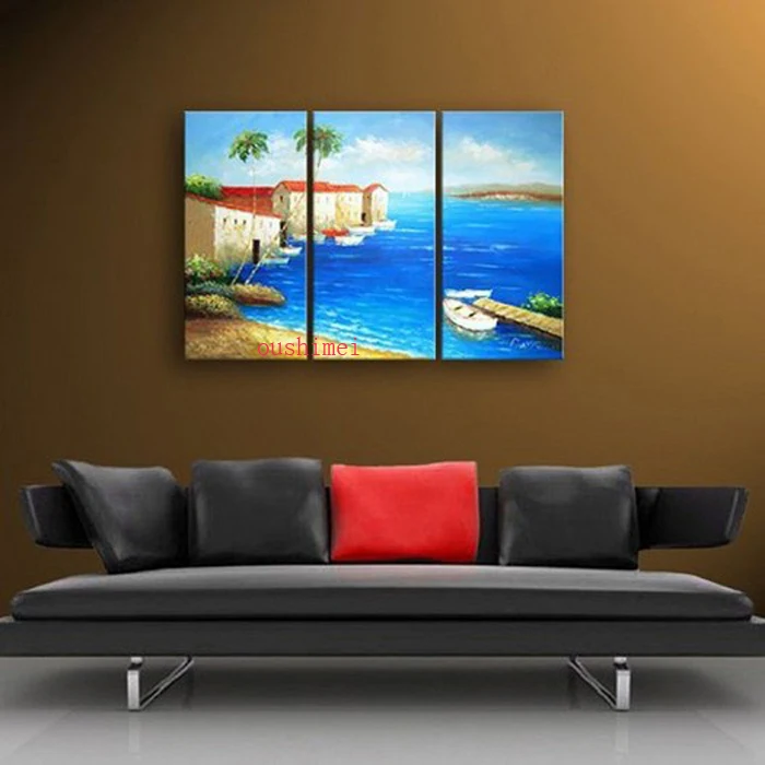 Free Shipping Hand-painted Ocean Island High Q. Home Decoration Modern Landscape Oil Painting Canvas 3pc/set Blue Sea Pictures