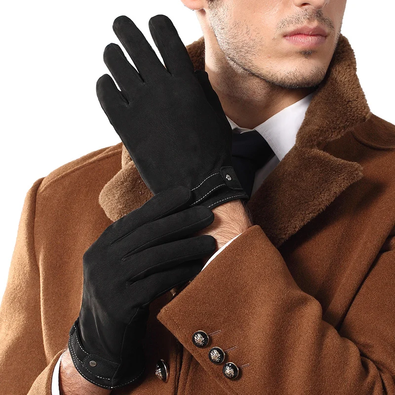 Genuine Leather Gloves Male Black Men Suede Sheepskin Gloves Autumn Winter Warm Plush Lined Driving Glove 9002