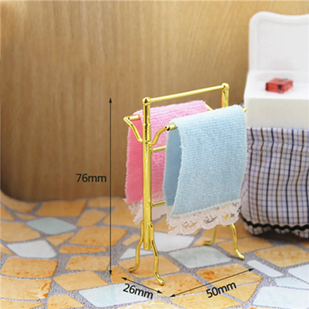 1/12 Dollhouse Miniature Accessories Mini Towel with Rack   Simulation Bathroom Bath Frame Model Toys for Doll House Decoration