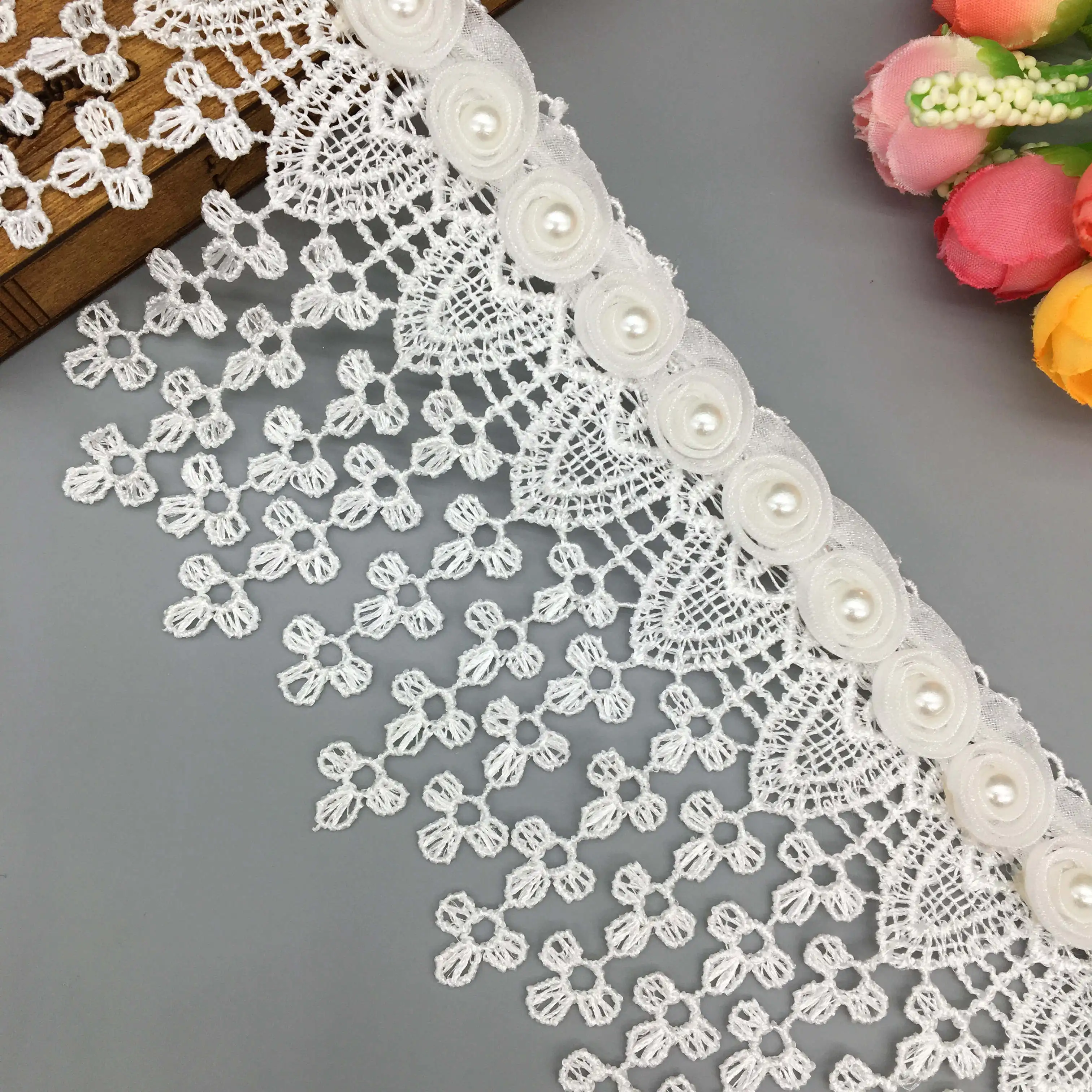 

1Yard Pearl Beaded 3D Rose Flower Embroidered Lace Trim Tassel Ribbon Fabric Sewing Supplies Craft DIY For Costume Dress Hat 8CM