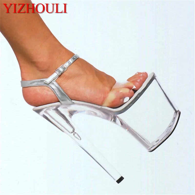 

Gorgeous all-transparent crystal stiletto fashion shoe, 20cm high heel, 8 inch women's sexy stage show sandals