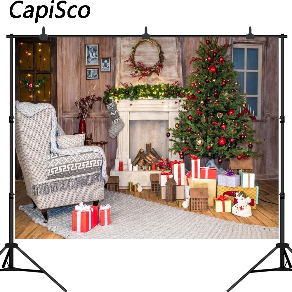 Capisco Christmas Tree Fireplace Interior Scene Child Photography Backgrounds Customized Photographic Backdrops For Photo Studio