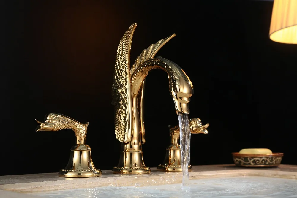 3 Pcs gold colour 25CM Short swan sink faucet widespread lavatory sink faucet deck mounted