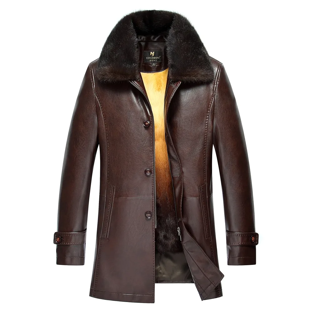 Winter Thicken PU Leather Coat Men Long Section Casual turn-down Collar Leather Coat Warm Jacket Coat