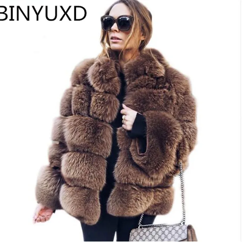 BINYUXD High Quality Thicken Pink Faux Fur Coat Women Plus Size Stand Collar Long Sleeve Faux Fur Jacket gilet fourrure bontjas