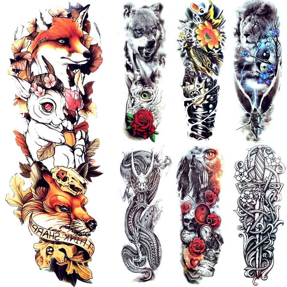 Yellow Wolf Dragon Full Arm Temporary Tattoo Sexy Colorful Long Flower Arrow Rabbit Tattoo Stickers Men Women Legs Tatoo Adult