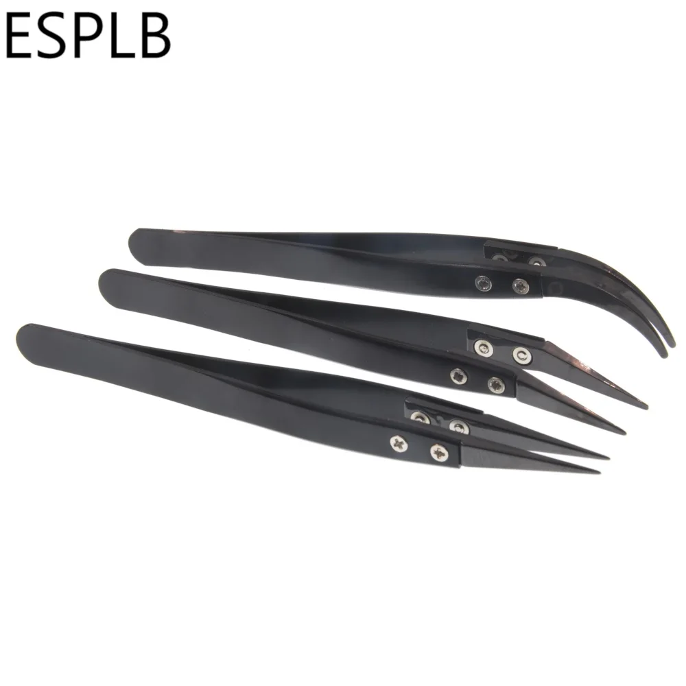 Precision Black Ceramic Tweezers Stainless Steel Curved Straight Tip Pointed Coil Heat Resistant Antistatic Ceramic Tweezers