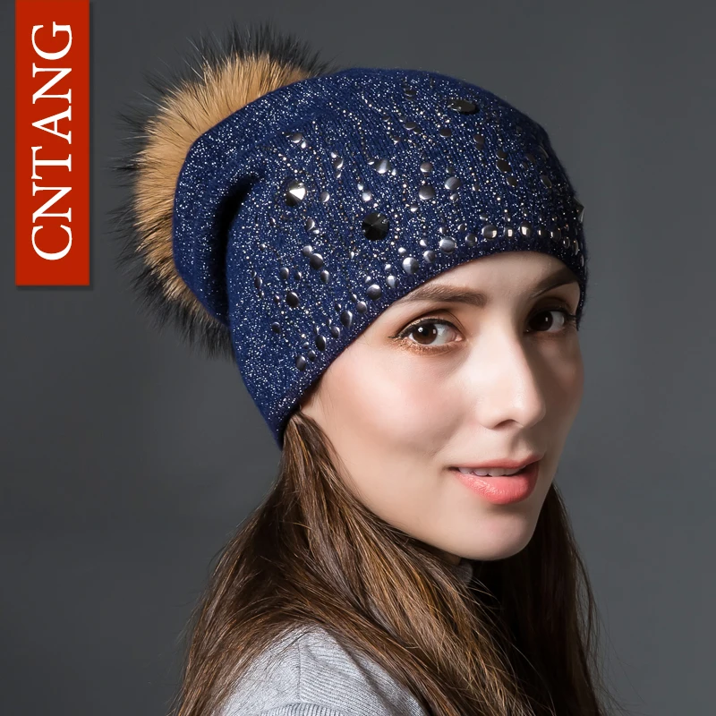 CNTANG Wool Knitted Silver Thread Hats Round Rivet Warm Hat For Women Autumn Winter Fashion Caps With Fur Pompom Ladies Beanies