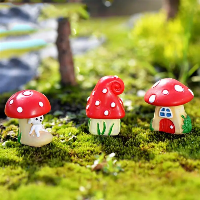 3Pcs/Set Mini Cartoon Red Mushroom House 3 Types DIY Resin Fairy Garden Craft Decoration Miniature Micro Gnome Terrarium Gif