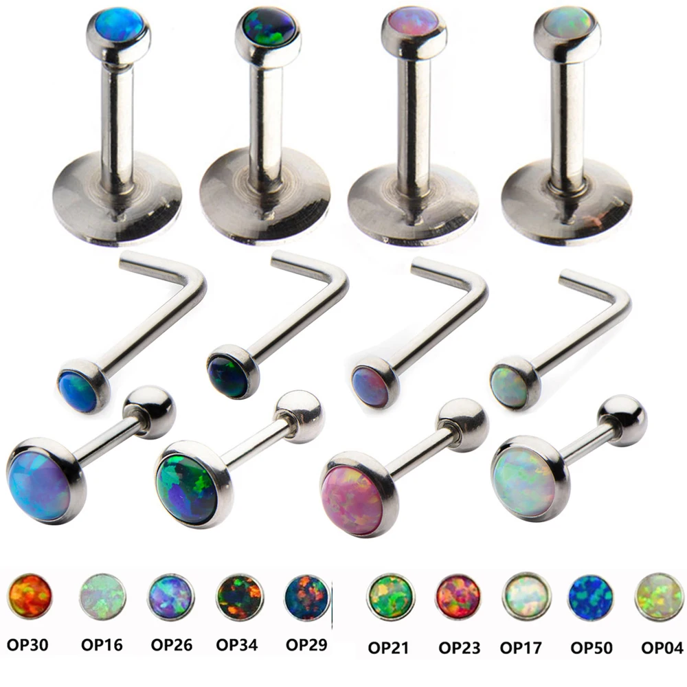 1Piece Opal Stone Internally Thread Labret Ring Ear Tragus Cartilage Stud Helix Piercing Earring Lip Stud L Shape Nose Stud Bone