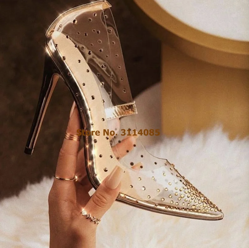 Women Luxurious Stiletto Heels Pointed Toe Clear PVC Shoes Bling Bling Crystal Wedding Pumps See Through Sexy Evening Shoes