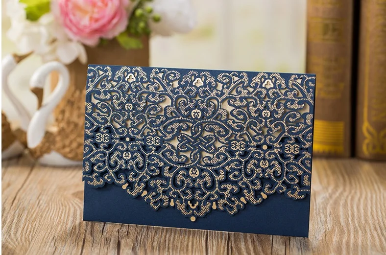 

100pcs elegant dark navy blue laser cut Wedding invitation cards with embossed flowers pocket cover for Bridal Shower supplies