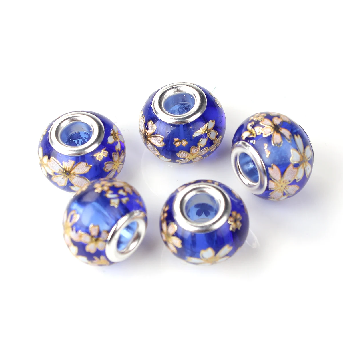 Glass Vintage Japanese Tensha European Style Large Hole Charm Beads Round silver color Plated Sakura Flower About 14mm, 5 PCs