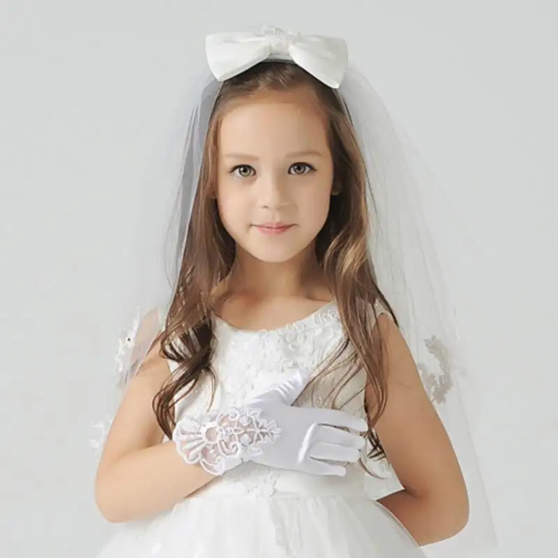 Fashion Kid LACE Satin Long Finger short Gloves Children Flower Girl Dress gloves Kids gift