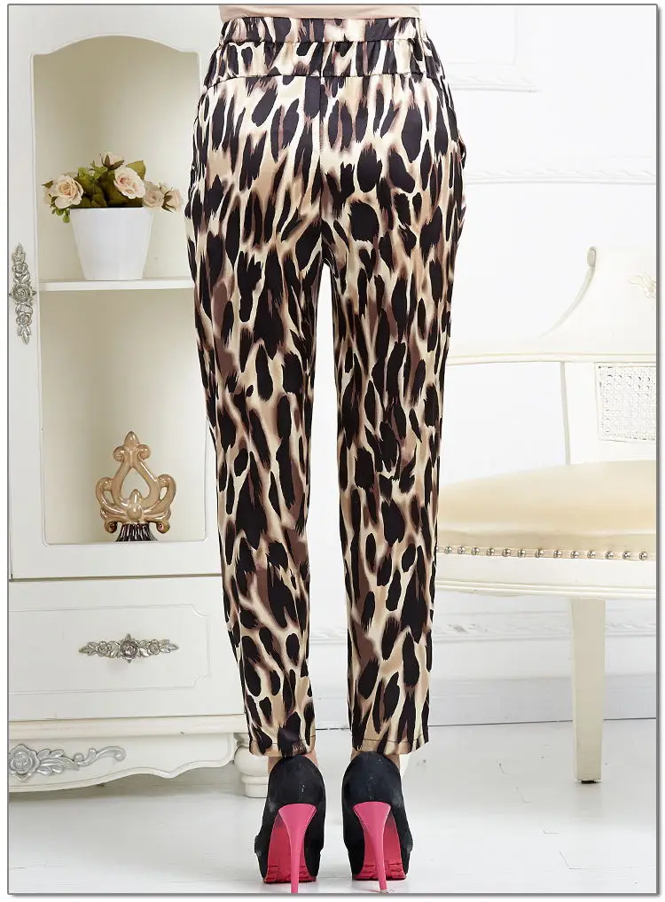 New arrival pure silk stretched satin lady casual pants,natural silk elastic waist leopard print side-pockets trousers women