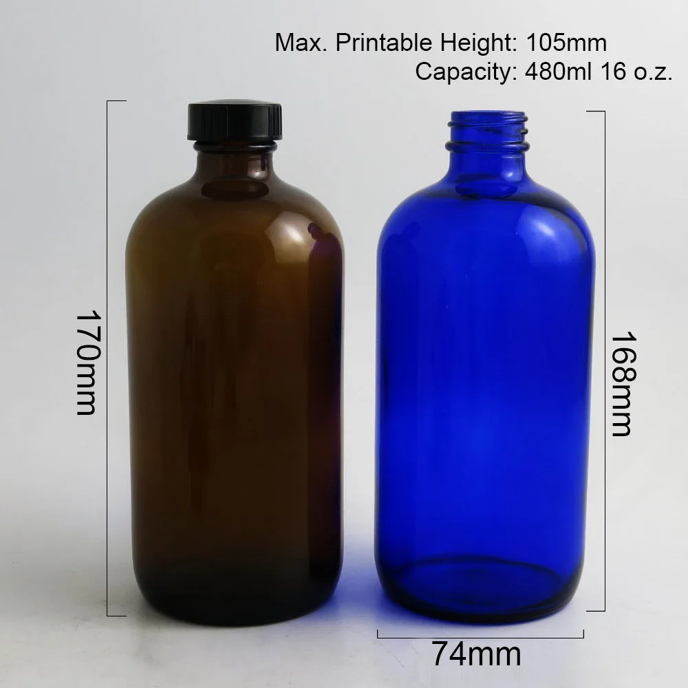 2pcs 480ml Big Refillable 16 Oz Amber Blue Clear Boston Round Glass Bottles with Black Phenolic Cone Cap 480 cc Glass Containers