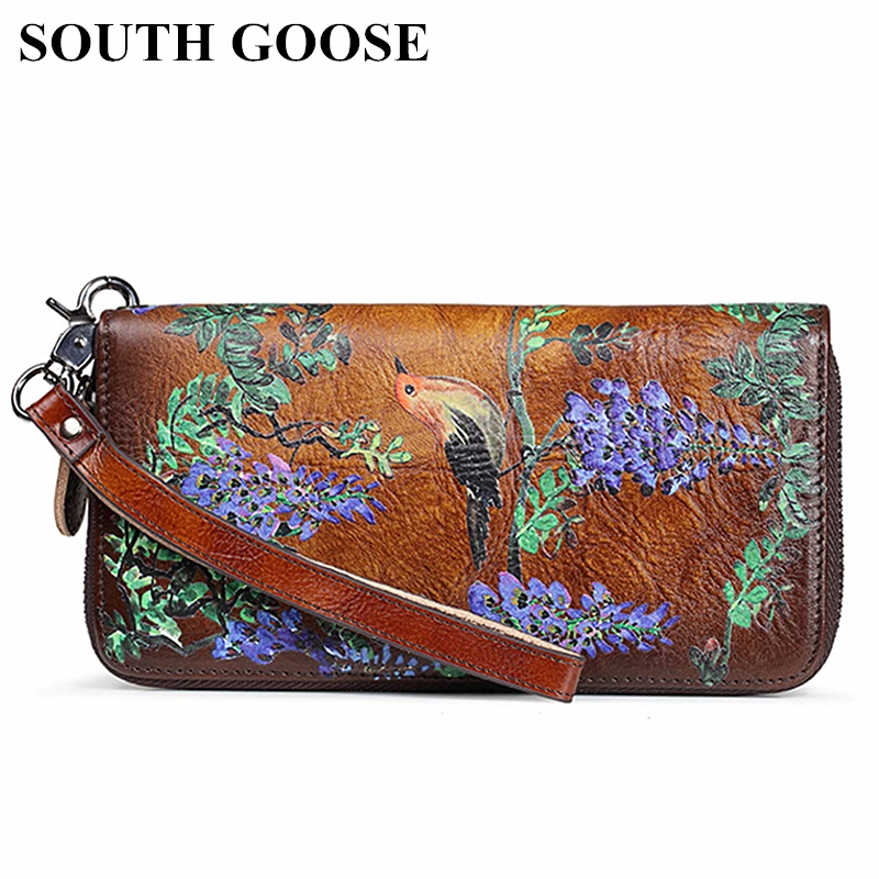 

SOUTH GOOSE Genuine Leather Women Wallet Luxury Long Purse Birds Embossing Clutch Bag High Quality Female Card Holder Phone Bag