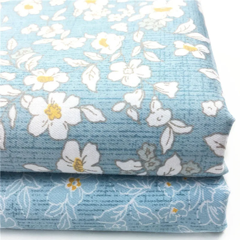 100x160cm Graceful Blue All Over White Blooming Flowers Printed Cotton Fabric Floral Fabric For DIY Sewing Quilting Decoration